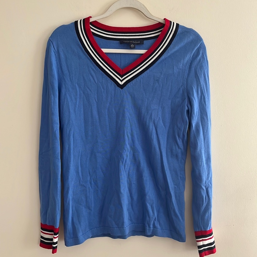 Tommy Hilfiger Preppy Sweater Cotton Blue Tennis Nautical Coastal Prep XS Classi